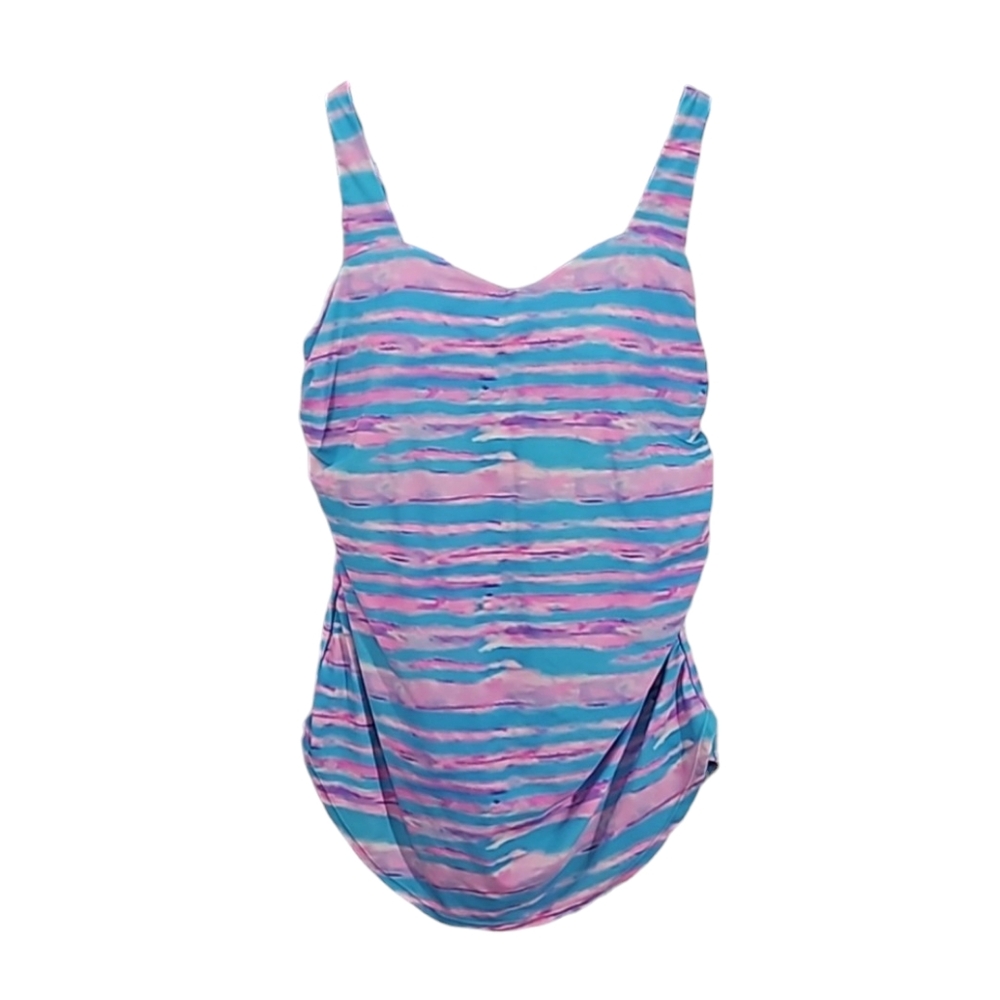 meet.curve Pink and Blue Striped One-Piece Swimsuit with a Sarong Front …
